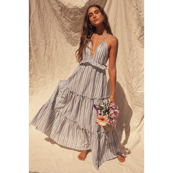 Lulus Vacay Babe Grey Striped Halter Maxi Dress Size S - Picture 2 of 12
